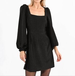 NEW Molly Bracken Square Neckline Puff Sleeve Black Glimmer Mini Dress Small